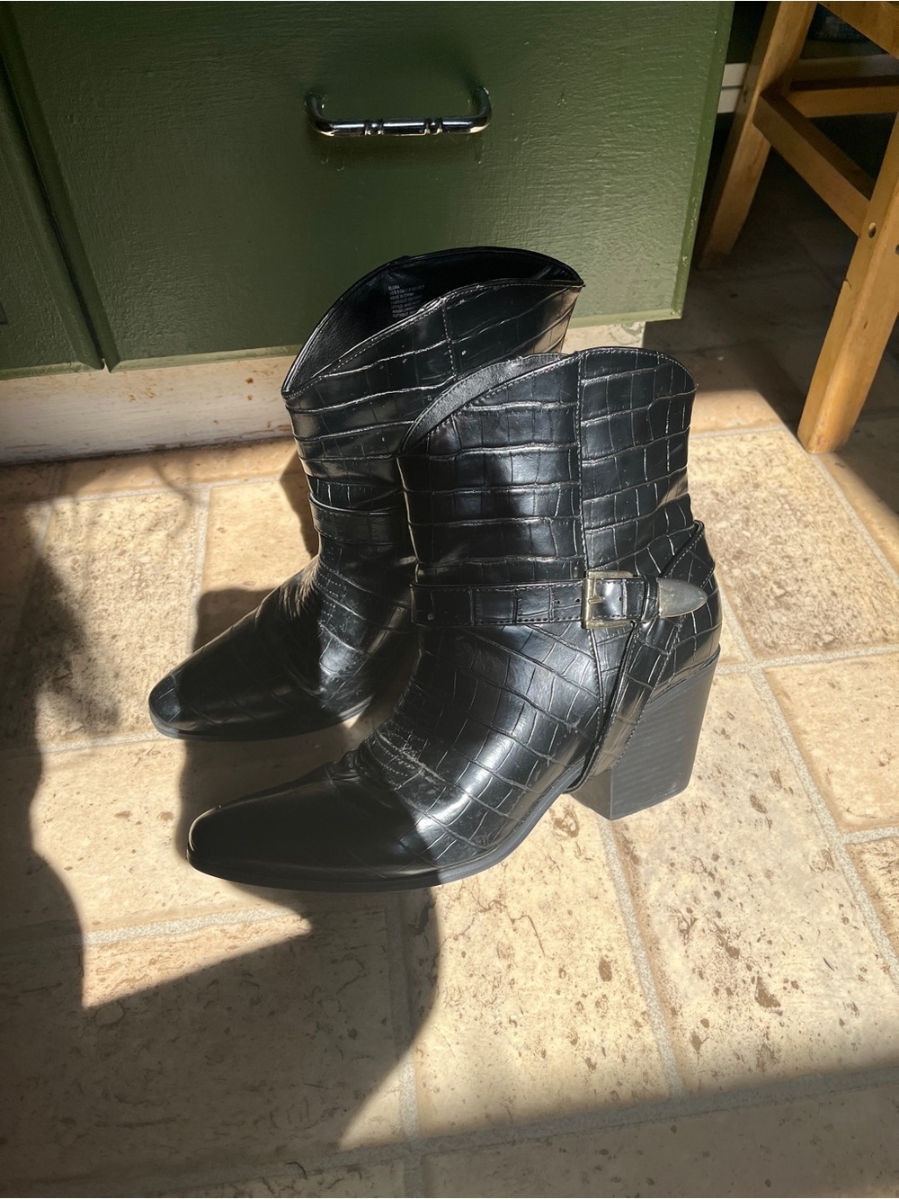JustFab Black Croc-Embossed Western Ankle Boots with Buckle